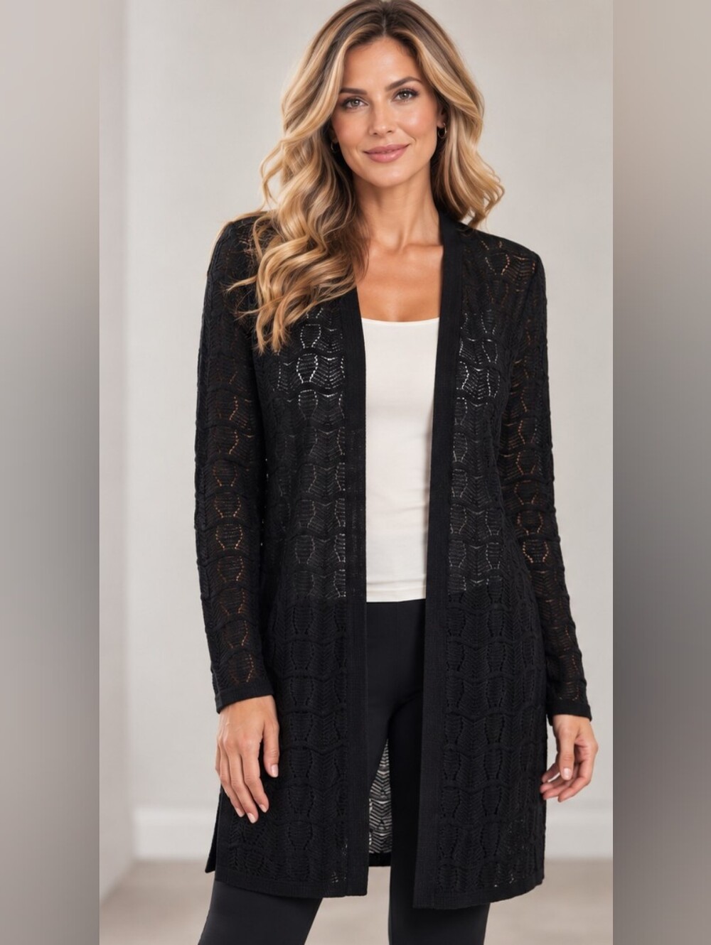 WHITE HOUSE-BLACK MARKET | Open Knit Cardigan Long Sleeve Sheer